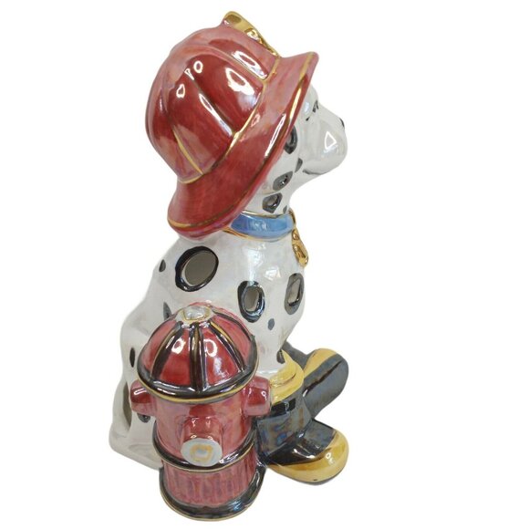 Fire House Dog Tea Light Holder Iridescent Helmet Boots Hydrant 7" - Picture 4 of 5